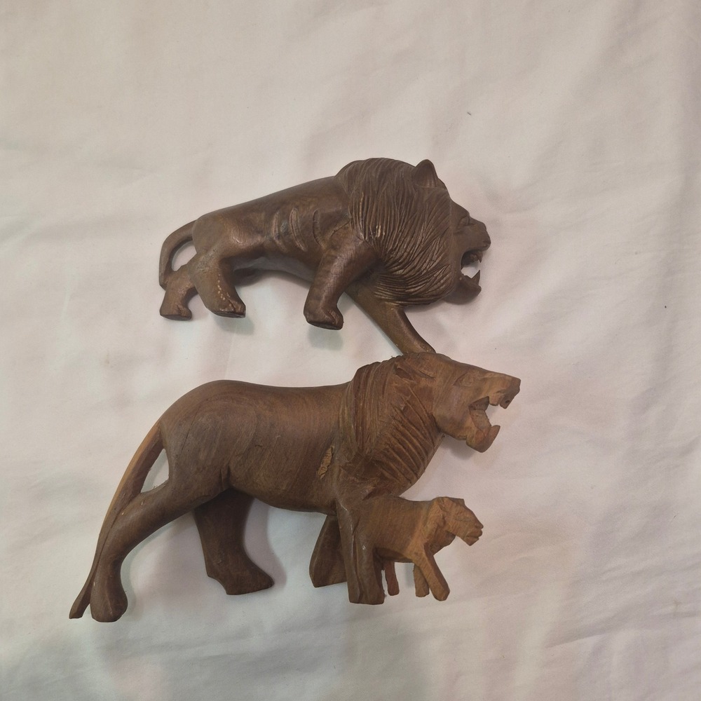 Vintage Hand Carved Wooden Lion Figurines Set of 2 Safari African Folk Art Decor